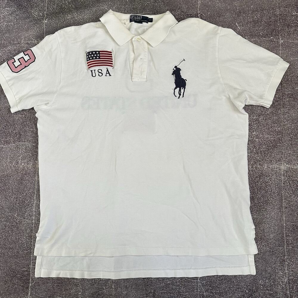 Men's Polo Ralph Lauren White Navy Blue Big Pony Logo Team USA Polo Shirt Sz XL